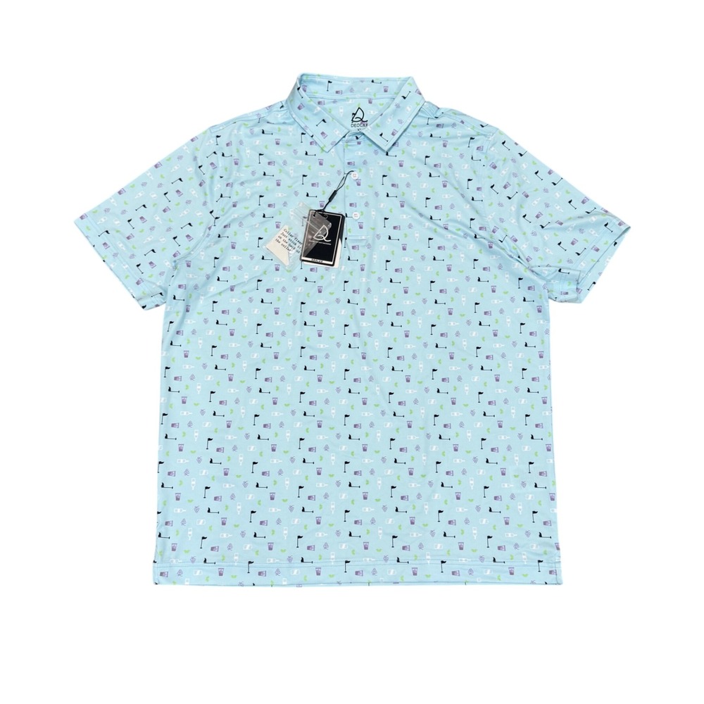 Deolax Mens Golf Polo Shirt XL Light Blue Transfusion Print Novelty NWT 50+ UPF